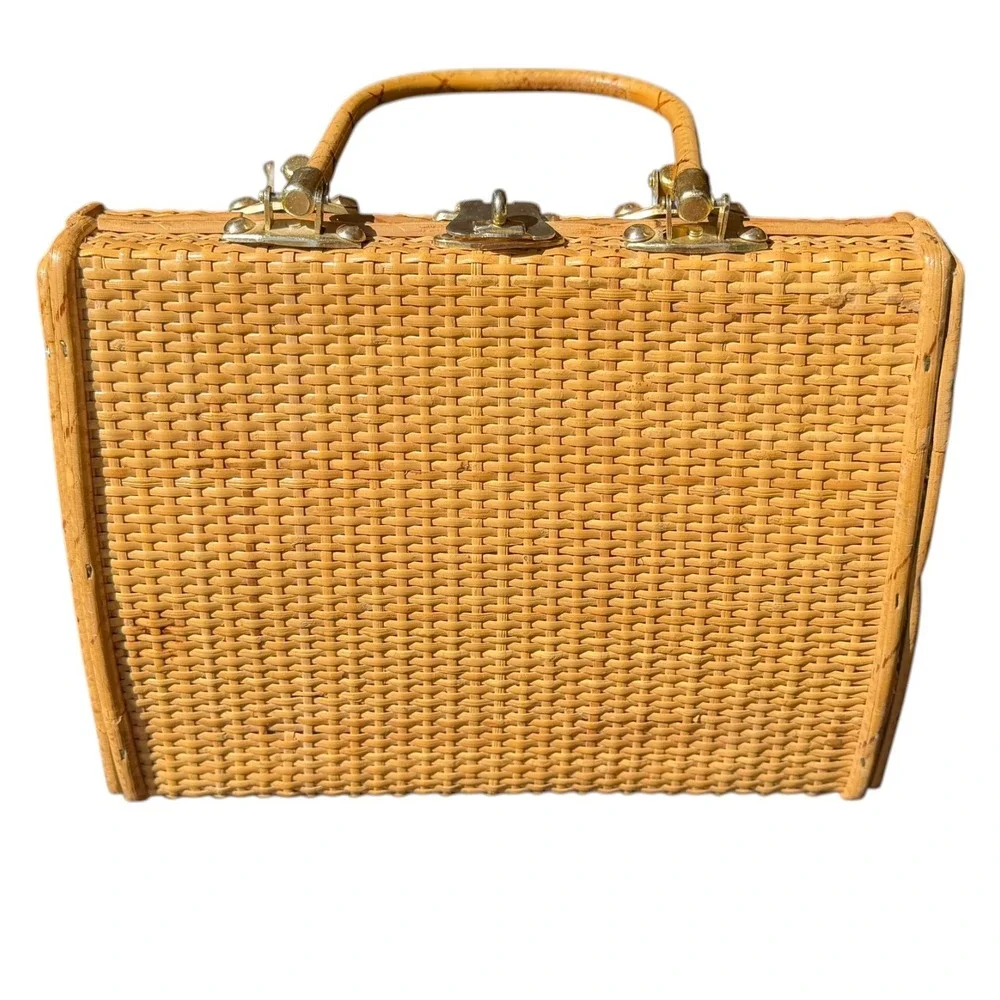 Vintage Wicker Top Handle Bag Woven Rattan Satchel Purse Honey Brown Cottagecore